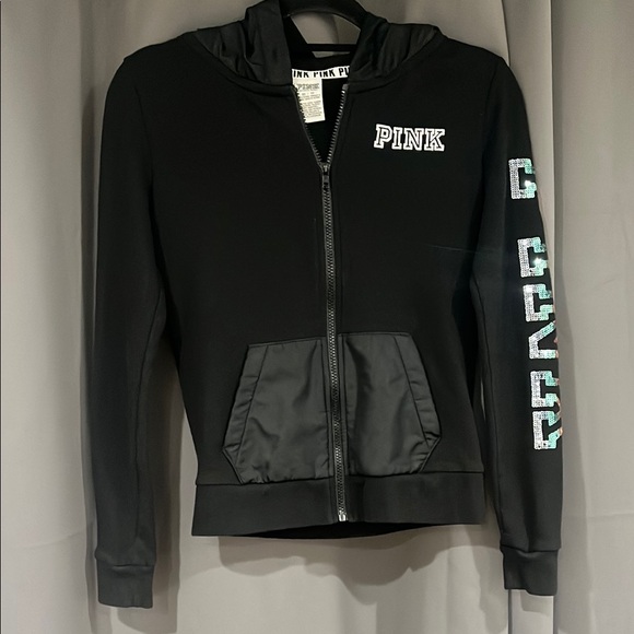 PINK Victoria's Secret Tops - PINK Victoria's Secret Black full-zip Hoodie with Rainbow Bling late Y2K style